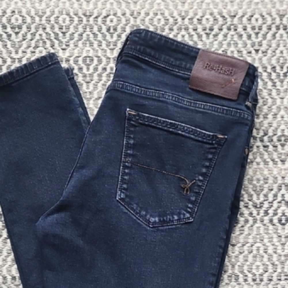 Re-Hash Men's Skinny Jeans in Dark Blue with Brown Patch